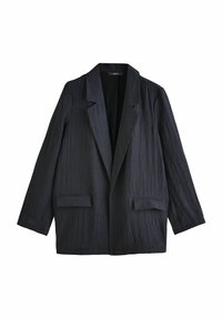 Černý blazer s texturovanou látkou, klopovými límci a dvěma předními kapsami. Volný střih, dlouhé rukávy a otevřený přední design.