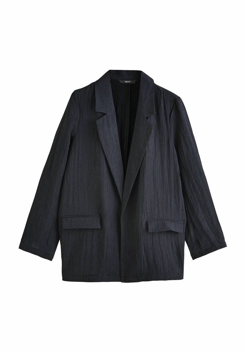 Černý blazer s texturovanou látkou, klopovými límci a dvěma předními kapsami. Volný střih, dlouhé rukávy a otevřený přední design.