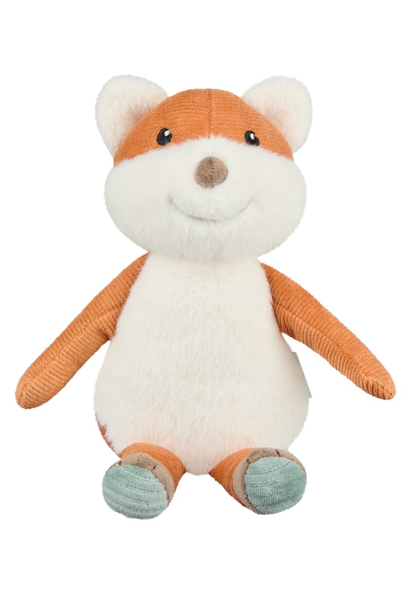 Plush fox toy with orange corduroy arms and ears, a white fuzzy body, black button eyes, and a brown nose. Soft teal feet.