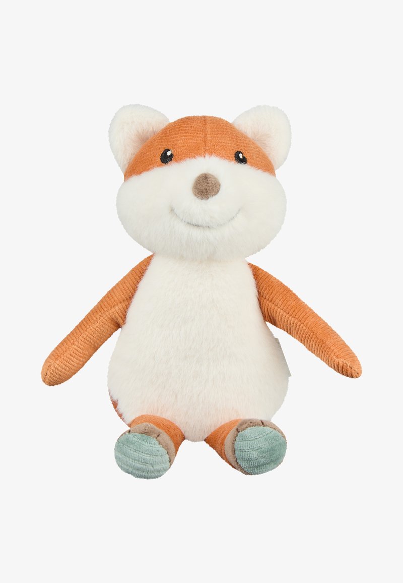 Plüsch-Fox-Spielzeug mit orangefarbenen Kordelärmeln und -ohren, einem weißen, flauschigen Körper, schwarzen Knopfaugen und einer braunen Nase. Weiche türkisfarbene Füße.