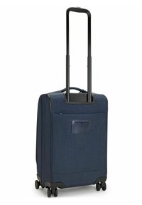 Navy blue suitcase with a textured finish, retractable handle, and four wheels. Features a front pocket with a card holder. Durable material.