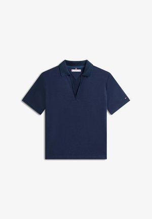 Marineblå pikéskjorte med korte ermer, V-hals og liten logo på venstre erme.