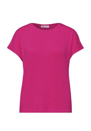 Hellrosa Damen-T-Shirt mit kurzen Ärmeln, Rundhalsausschnitt, geradem Saum und einem „Street One“-Etikett am Kragen auf weißem Hintergrund.