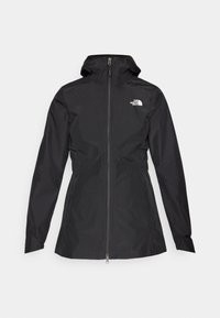 Black waterproof jacket with a front zipper, adjustable hood, and a fitted waist. Features a small white logo on the chest.