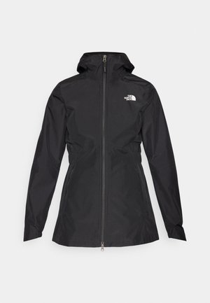 Black waterproof jacket with a front zipper, adjustable hood, and a fitted waist. Features a small white logo on the chest.