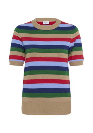 Kurzärmliges Strickoberteil mit horizontalen Streifen in Beige, Rot, Hellblau, Marineblau und Grün, mit einem beigen gerippten Kragen und Saum.