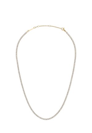 Collier délicat en chaîne d’or avec une rangée continue de petites pierres précieuses rondes et transparentes et une fermeture à mousqueton dorée.