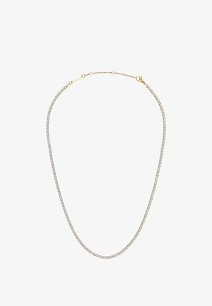 Collier délicat en chaîne d’or avec une rangée continue de petites pierres précieuses rondes et transparentes et une fermeture à mousqueton dorée.