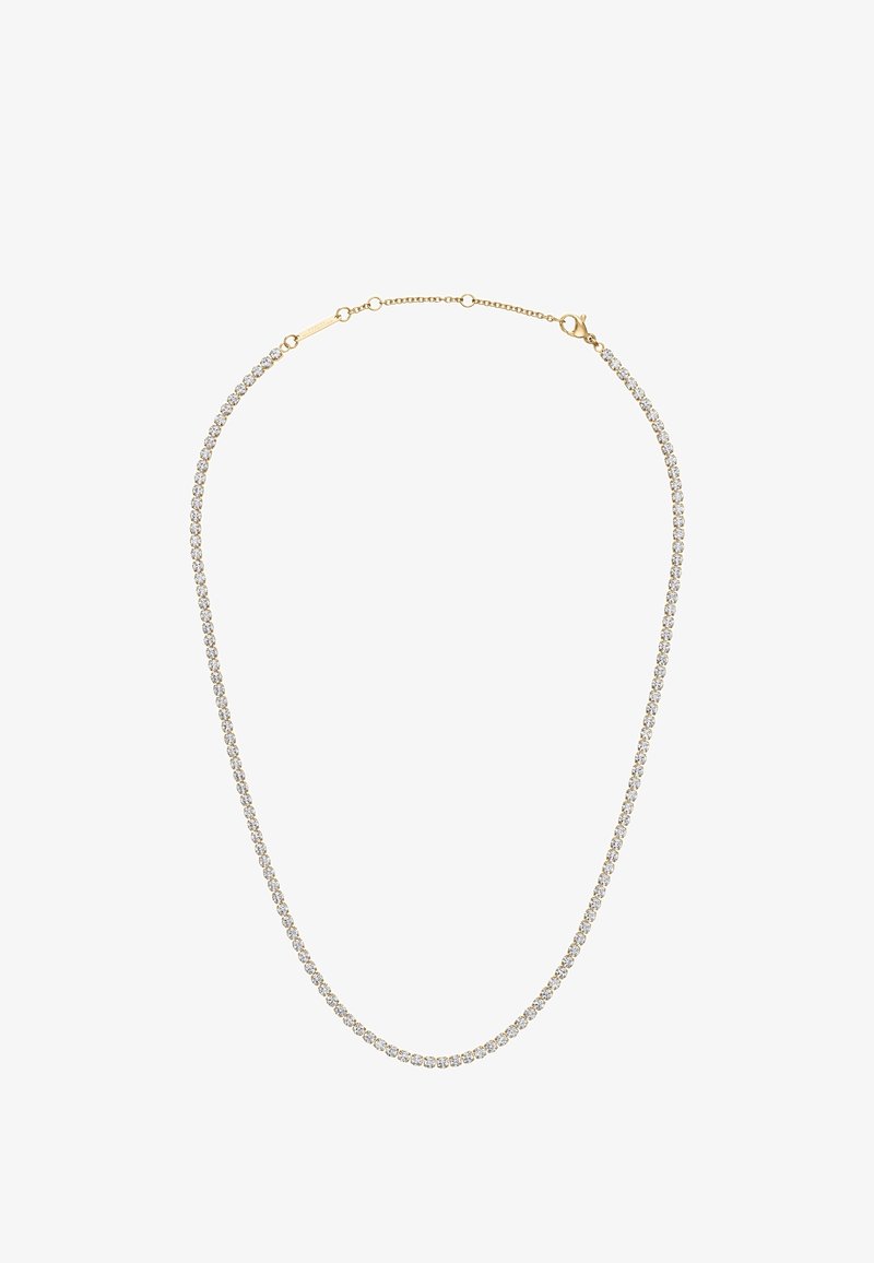 Collier délicat en chaîne d’or avec une rangée continue de petites pierres précieuses rondes et transparentes et une fermeture à mousqueton dorée.