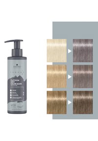 Graue Pumpflasche der Schwarzkopf Haarfarbe-Maske. Produkt mit der Aufschrift "Platinum Grey Color Mask". Vier Haarfarbmuster mit verschiedenen Blond- und Grautönen.