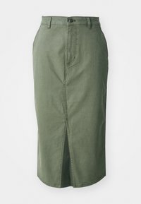 Olive green denim skirt with a mid-length cut, front slit, traditional waistline with a button closure, and stitched detailing along seams.