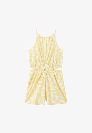 Gele mouwloze romper met wit bladerenpatroon, elastische taille met cirkelvormige uitsnede en losse shorts.