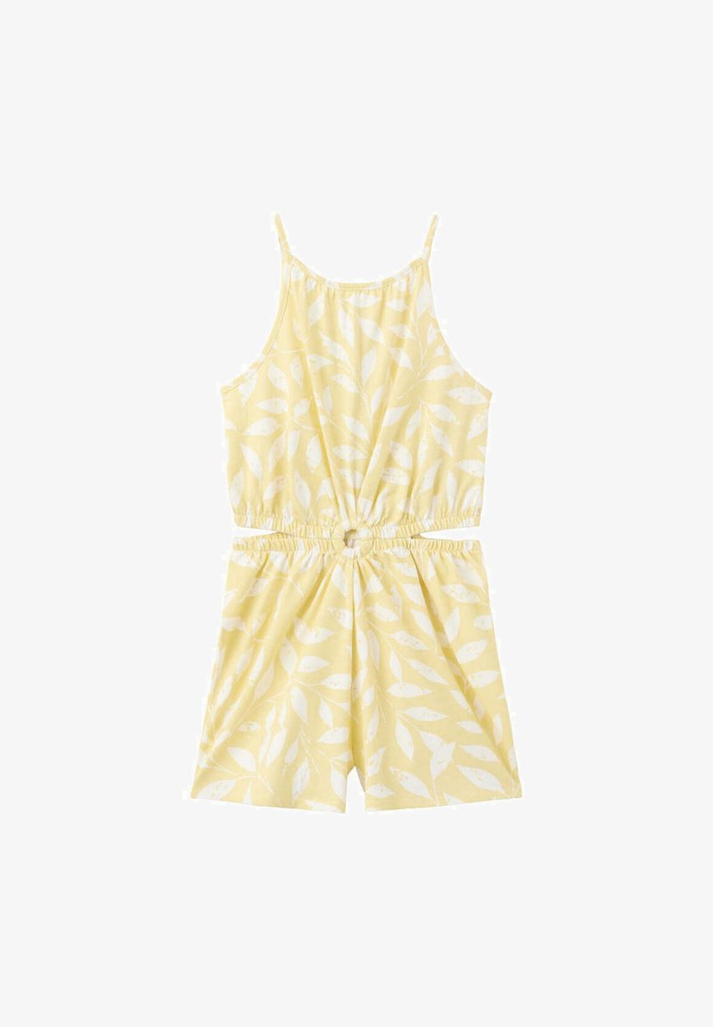 Combinaison jaune sans manches avec motif de feuilles blanches, taille élastique avec découpe circulaire et short ample.