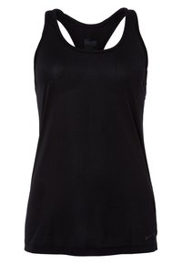 Débardeur sportif noir sans manches Nike Dri-FIT avec dos nageur et petit logo près de l'ourlet sur fond blanc.