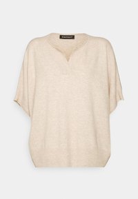 Beige übergroßer Pullover mit tiefem V-Ausschnitt, kurzen Ärmeln und geripptem Saum. Weiches, strukturiertes Material mit subtilen, feinen Strickdetails.