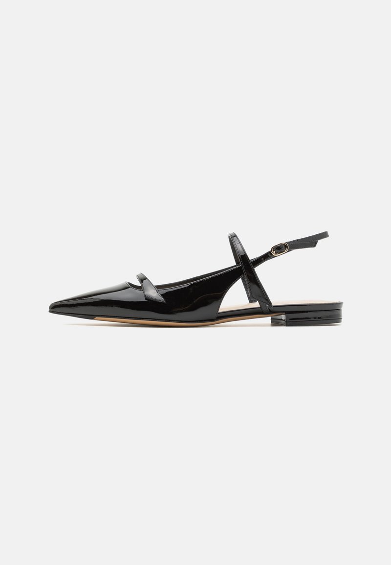 Black patent leather slingback shoes with a pointed toe, minimal strap, and a low block heel. Features a small accent near the ankle strap.