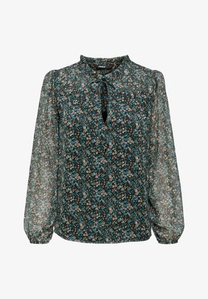 Blouse longue à manches longues en tissu transparent, à motif floral en bleu sarcelle, marron et blanc, avec un petit col à volants et un lien noué à l'encolure en trou de serrure.