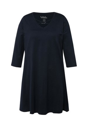 Vestido azul marino con escote en V y mangas tres cuartos, hecho de una tela suave, que presenta un corte holgado y una silueta en A.