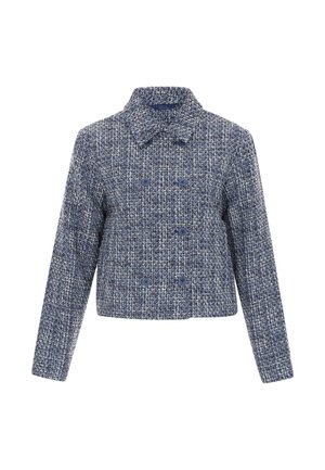 Mørkeblå tweedjakke med struktureret krave, dobbelt-knaplukning og cropped design. Tekstileret stof med et vævet mønster.