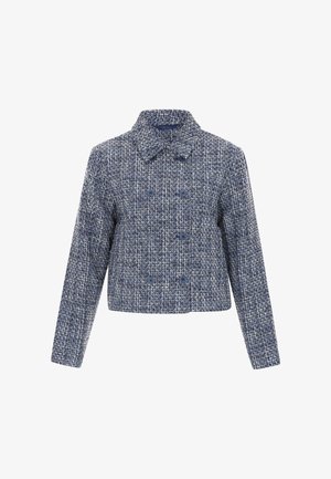 Navy blue tweed jacket with a structured collar, double-breasted buttons, and a cropped design. Textured fabric with a woven pattern.