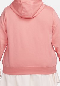 Rosa hoodie med en mjuk textur, visad bakifrån, med dragsko i huvan och ribbad nederkant. Slät tyg utan mönster eller detaljer.