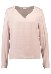 Ljusrosa långärmad blus med V-ringning, avslappnad passform, subtil textur och rynkade detaljer vid axlarna. Tillverkad av mjukt tyg.