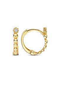 Boucles d'oreilles créoles en or avec un design perlé et un accent central en zircone cubique ronde. Finition lisse avec une texture polie, légères.