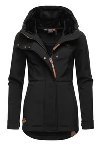 Veste noire avec un intérieur doux et duveteux, fermeture éclair à l'avant et boutons-pression. Présente des accents en cuir et un ourlet arrondi à la taille.