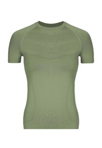 Maglietta atletica a maniche corte di colore verde oliva, realizzata in un tessuto liscio e elasticizzato con un design aderente e maniche raglan per facilitare i movimenti.