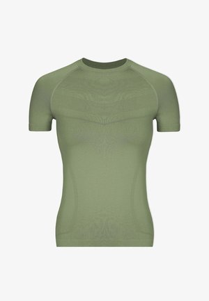 T-shirt met korte mouwen in olijfgroen, vervaardigd van gladde, rekbare stof met een aansluitend ontwerp en raglanmouwen voor optimale bewegingsvrijheid.