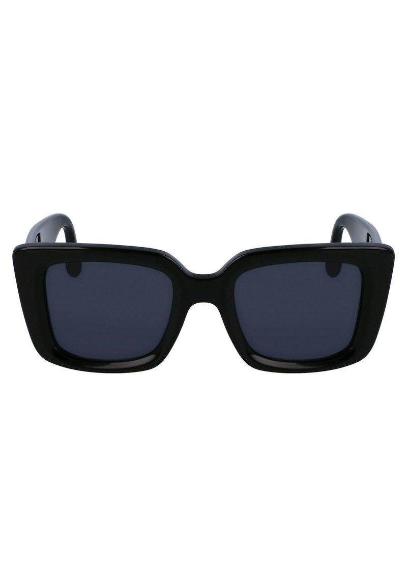 Black oversized square sunglasses with dark lenses, thick plastic frames, and a sharp geometric design. No notable patterns or accents.