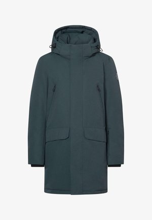 Chaqueta larga con capucha en un color verde azuloso. Fabricada con material resistente al agua, cuenta con bolsillos con cremallera, tapeta frontal y puños elásticos.