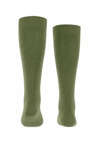 Zielone skarpetki do kolan wykonane z miękkiej, teksturowanej tkaniny z prążkowanym wykończeniem na górze. Charakteryzują się gładką powierzchnią i jednolitym kolorem w całej długości.