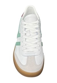 Sneakers with a white leather upper, mint green suede accents, white laces, and a gum sole. Features subtle branding on the tongue.