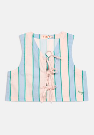 Ujjatlan, rövidített mellény függőleges kék, rózsaszín és zöld csíkokkal, elülső masni záródással, és "tiny" zöld hímzéssel a jobb alsó részen.