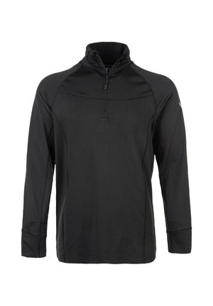 Zwarte atletische pullover met lange mouwen, een kwart-ritssluiting aan de voorkant en een hoge kraag, voorzien van zichtbare stiksels en een subtiel logo op de linkermouw.
