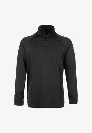 Zwarte atletische pullover met lange mouwen, een kwart-ritssluiting aan de voorkant en een hoge kraag, voorzien van zichtbare stiksels en een subtiel logo op de linkermouw.