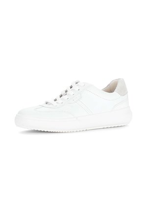 White low-top sneaker with lace-up front, smooth leather upper, and light gray suede heel tab, shown on white background.