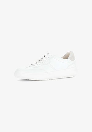 Baskets blanches basses à lacets, dessus en cuir lisse et empiècement en daim gris clair au talon, présentées sur fond blanc.