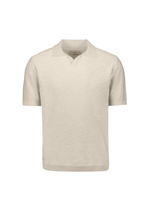 Beige shirt polo met korte mouwen, gebreid, met een V-hals en geribbelde zoom, getoond op een witte achtergrond.