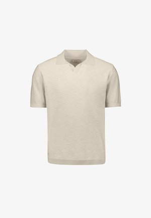 Beige shirt polo met korte mouwen, gebreid, met een V-hals en geribbelde zoom, getoond op een witte achtergrond.