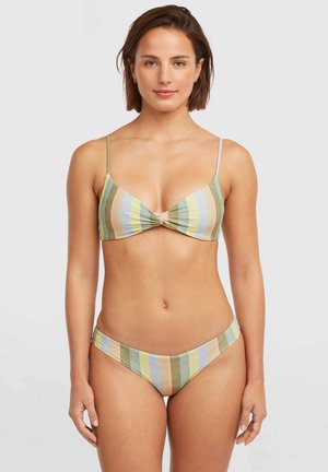 Dwuczęściowy strój kąpielowy w paski z zielonym, różowym i niebieskim wzorem; miseczki z formowaniem, skręcony przód oraz regulowane cienkie ramiączka.