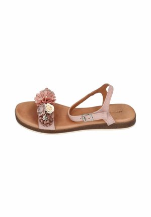 Pink flat sandal with ankle strap and buckle, adorned with multicolored fabric flower decorations on the toe strap.