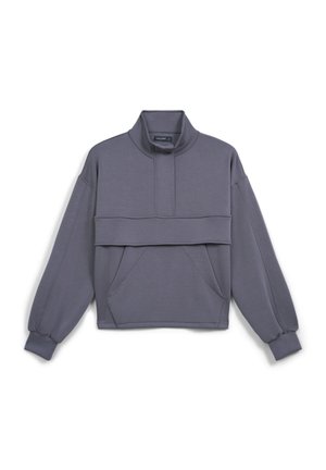 Gray long-sleeve pullover with high collar, front kangaroo pocket, and wide horizontal seam detail across the chest and sleeves.