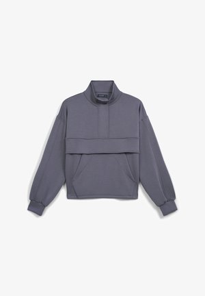 Gray long-sleeve pullover with high collar, front kangaroo pocket, and wide horizontal seam detail across the chest and sleeves.