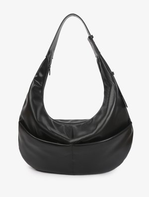 Black crescent-shaped leather shoulder bag with adjustable strap and visible zipper on the side, set against a plain background.