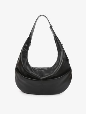 Black crescent-shaped leather shoulder bag with adjustable strap and visible zipper on the side, set against a plain background.