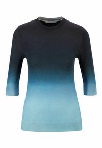 Svetr s kulatým výstřihem, krátkými rukávy a ombré efektem přecházejícím z tmavě modré do světlé modré. Hladká textura.