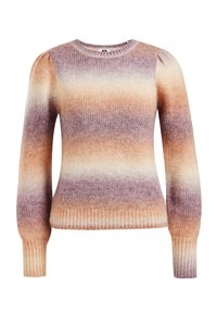 Pull en tricot à manches longues avec poignets et ourlet côtelés, présentant des rayures dégradées horizontales dans des tons violets, beige et pêche.