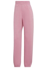 Rosa sweatpants gjorda av mjuk tyg, med elastisk midja och muddar, samt en minimal logotypdetalj på vänster lår.